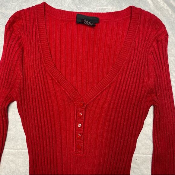 Vintage ITS OUR TIME Sweater Tight Fit Ribbed V-Neck Stretch 90s Womens L Red - Picture 1 of 10